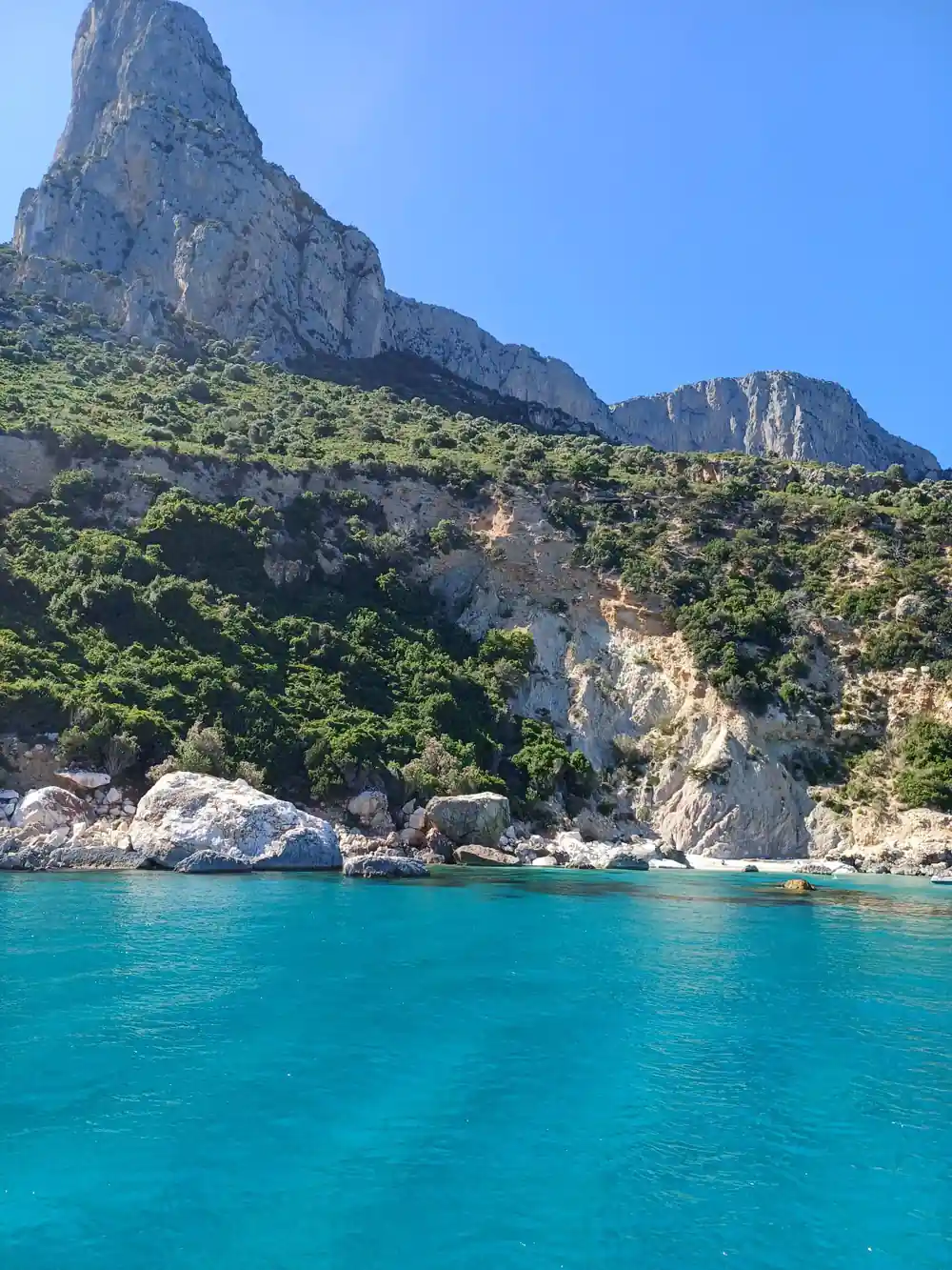 Tall rocky peak above turquoise water and vegetation