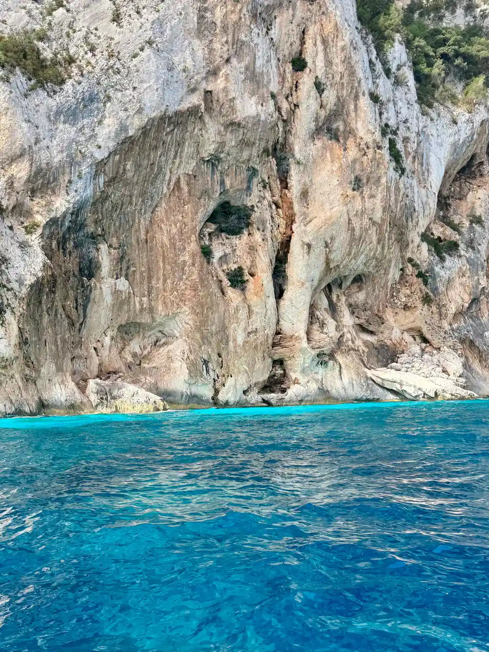 Weathered limestone cliff face with dark cave entrance